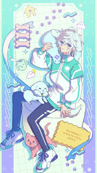 1boy absurdres alternate_costume animal animal_ears animal_on_head black_pants blue_ribbon bone cat clouds commentary_request dog dog_boy dog_ears dog_tail doghouse english_text full_body gradient_background green_background green_eyes green_jacket grid_background heterochromia highres jacket kemonomimi_mode looking_at_viewer male_focus matochi_(fa) murakumo_kagetsu nijisanji on_head pants paw_print pillarboxed pink_cat pink_ribbon purple_background ribbon shoes sitting smile sneakers solo tail track_jacket violet_eyes virtual_youtuber watakumo_(murakumo_kagetsu) white_dog white_jacket 