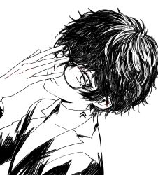  1boy adjusting_eyewear ako_(eanaaati1) amamiya_ren chinese_commentary closed_mouth commentary_request covered_collarbone from_side glasses greyscale hair_between_eyes highres jacket looking_at_viewer male_focus monochrome persona persona_5 shirt short_hair simple_background smile solo upper_body 