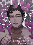  1boy black_clover black_hair brown_robe clenched_hand facial_mark flower forehead_mark happy_birthday highres light_smile looking_at_viewer lucius_zogratis male_focus open_mouth purple_flower robe runadon1146 short_hair solo violet_eyes white_fur 