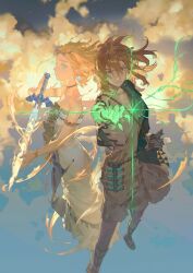  1boy 1girl armlet arrow_(projectile) bare_shoulders blonde_hair blue_eyes bracelet brown_hair choker closed_mouth clouds commentary_request dress energy english_commentary floating_hair full_body hair_between_eyes holding holding_sword holding_weapon jewelry link looking_at_viewer master_sword mixed-language_commentary multiple_rings parted_bangs pendant_choker pointy_ears princess_zelda quiver ring sandals serious short_hair sky sleeveless sleeveless_dress sword tattoo tefco the_legend_of_zelda the_legend_of_zelda:_tears_of_the_kingdom weapon white_dress 