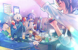  4boys absurdres blue_eyes blue_hair blue_jacket blue_necktie bowl brown_vest cellphone chopsticks closed_eyes collared_shirt commentary_request dango drink dytica_(nijisanji) food french_fries green_eyes heterochromia highres holding holding_chopsticks holding_instrument holding_maracas holding_phone hoshirube_sho howling inami_rai indoors instrument jacket karaoke koyanagi_rou long_hair magazine_(object) male_focus maracas matochi_(fa) multiple_boys murakumo_kagetsu music necktie nijisanji noodles phone plate purple_hair ramen shirt short_hair singing sweater_vest table takoyaki tissue_box vest violet_eyes virtual_youtuber wagashi white_hair white_shirt 