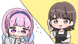  2girls :d ahoge black_dress blue_hair blue_hairband blush_stickers braid brown_eyes brown_hair cellphone chibi closed_mouth drawstring dress flying_sweatdrops grey_hoodie hairband highres holding holding_pen holding_phone hololive hood hood_down hoodie long_sleeves low_twintails minato_aqua mochimiko multicolored_hair multiple_girls pen phone pink_hair puffy_long_sleeves puffy_sleeves shirt short_sleeves sleeveless sleeveless_dress sleeves_past_wrists smile streaked_hair turn_pale twin_braids twintails two-tone_hair violet_eyes virtual_youtuber white_shirt 