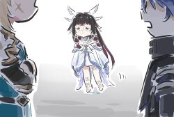  1boy 2boys black_hair closed_eyes closed_mouth columbina_(genshin_impact) dress flins_(genshin_impact) full_body genshin_impact highres long_hair long_sleeves multiple_boys purple_hair simple_background varka_(genshin_impact) white_dress xinzoruo 