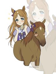  1girl animal_ears blue_eyes blush borrowed_hairstyle bow bowtie brown_hair closed_mouth collarbone creature_and_personification darkgreyclouds ear_bow ear_ornament ear_ribbon grass_wonder_(racehorse) grass_wonder_(umamusume) horse horse_ears horse_girl long_hair looking_at_viewer multicolored_hair personification puffy_short_sleeves puffy_sleeves purple_bow purple_bowtie purple_shirt real_life sailor_collar sailor_shirt school_uniform shirt short_sleeves smile star_(symbol) tracen_school_uniform umamusume upper_body white_hair white_sailor_collar zoom_layer 