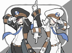  2boys arm_up belt black_coat black_hat black_pants blue_necktie brothers brown_belt coat cowboy_shot emmet_(pokemon) gloves grey_eyes grey_hair hat highres index_finger_raised ingo_(pokemon) locked_arms male_focus matching_outfits multiple_boys necktie open_mouth pants peaked_cap pokemon pokemon_bw sach56000 siblings twins white_coat white_gloves white_hat white_necktie white_pants 