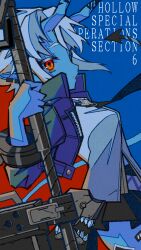  1girl animal_ears black_necktie blue_horns blue_oni blue_skin colored_skin hair_between_horns highres horns jacket k_flyingsaucer looking_at_viewer multicolored_horns necktie oni red_eyes shirt solo soukaku_(zenless_zone_zero) two-tone_horns white_shirt zenless_zone_zero 