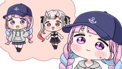  +_+ 2girls :d anchor_symbol bare_shoulders baseball_cap black_bow black_necktie black_skirt black_socks blue_hair blue_shoes blue_skirt blush_stickers bow braid chibi closed_mouth collared_shirt gradient_hair grey_hair grey_hoodie grey_shoes hair_bow hair_ornament hat highres hololive hood hood_down hoodie horns imagining long_hair low_twintails minato_aqua mochimiko multicolored_hair multiple_girls nakiri_ayame nakiri_ayame_(streetwear) necktie oni pink_hair pleated_skirt red_eyes red_hair shirt shoes skirt sleeveless sleeveless_shirt smile socks sweat twin_braids twintails two-tone_hair v-shaped_eyebrows very_long_hair violet_eyes virtual_youtuber walking white_background white_shirt x_hair_ornament 