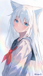  1girl absurdres anchor_symbol animal_ear_fluff animal_ears blue_eyes blue_sailor_collar blush closed_mouth commentary_request hair_between_eyes hibiki_(kancolle) highres kantai_collection kemonomimi_mode koshka_pic long_hair looking_at_viewer neckerchief notice_lines red_neckerchief sailor_collar school_uniform serafuku simple_background solo twitter_username upper_body very_long_hair white_hair 