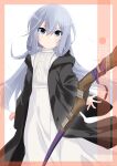 1girl alternate_costume artist_name black_hood character_name dress feet_out_of_frame grey_eyes grey_hair hair_rings highres i-203_(kancolle) inaba_shiki kantai_collection long_hair looking_at_viewer sidelocks simple_background solo staff white_background white_dress 