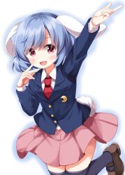 1girl :d animal_ears arm_up black_jacket black_thighhighs blue_hair blue_outline blush brown_shoes commentary cowboy_shot floppy_ears hand_up highres jacket long_sleeves looking_at_viewer necktie open_mouth outline pink_eyes pink_skirt pleated_skirt rabbit_ears rabbit_girl rabbit_tail red_necktie reisen_(touhou_bougetsushou) ruu_(tksymkw) shoes short_hair simple_background skirt smile solo tail thigh-highs touhou white_background zettai_ryouiki 