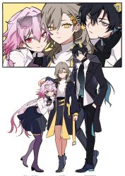  1boy 2girls black_jacket black_pants black_skirt collared_shirt dan_heng_(honkai:_star_rail) evernight_(honkai:_star_rail) grey_hair highres honkai:_star_rail honkai_(series) jacket long_hair long_sleeves march_7th_(honkai:_star_rail) multicolored_eyes multicolored_shirt multiple_girls pants pink_hair shirt shoes short_hair skirt stelle_(honkai:_star_rail) suit_jacket trailblazer_(honkai:_star_rail) two-tone_eyes white_shirt yellow_eyes yuelinpanp98413 