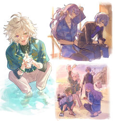  4boys alternate_costume animal beach black_gloves black_pants black_shirt blue_shirt blush closed_eyes collared_shirt commentary_request crab cropped_legs dytica_(nijisanji) earrings feet_out_of_frame full_body ghost gloves green_eyes green_hair green_pants green_shirt half_gloves hanafuda_earrings heterochromia highres holding holding_animal hoshirube_sho inami_rai jacket_around_neck jewelry koyanagi_rou looking_at_viewer male_focus matochi_(fa) multicolored_hair multiple_boys murakumo_kagetsu nijisanji ocean open_mouth otomo_(hoshirube_sho) otomo_(inami_rai) otomo_(koyanagi_rou) outdoors own_hands_together pants patterned_clothing purple_hair shirt short_hair single_earring smile streaked_hair tying_hair undershirt violet_eyes virtual_youtuber wading watakumo_(murakumo_kagetsu) white_hair white_pants white_shirt 