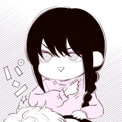  1boy 1girl braid chainsaw_man chibi chibi_only deer60868637 denji_(chainsaw_man) limited_palette nayuta_(chainsaw_man) open_mouth purple_sweater ringed_eyes sidelocks slapping sweater 