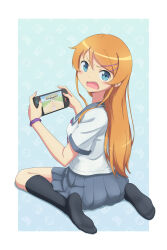  1girl absurdres aqua_background black_socks blue_eyes border commentary english_commentary fang from_behind full_body grey_sailor_collar grey_skirt hair_ornament hairclip handheld_game_console highres holding holding_handheld_game_console kirby_(series) kirby_air_ride kirby_air_riders kneehighs kousaka_kirino kousaka_kirino's_school_uniform long_hair looking_at_viewer looking_back nintendo_switch_2 no_shoes open_mouth orange_hair ore_no_imouto_ga_konna_ni_kawaii_wake_ga_nai outside_border parallel_hairclips pleated_skirt purple_scrunchie sailor_collar scarletsky school_uniform scrunchie serafuku shirt sitting skirt socks solo wariza white_border white_shirt wrist_scrunchie 
