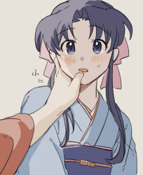  1boy 1girl absurdres blue_eyes blue_kimono blue_sash blush commentary_request finger_to_another&#039;s_mouth hair_intakes hair_ribbon hand_on_another&#039;s_cheek hand_on_another&#039;s_face highres himura_kenshin japanese_clothes kamiya_kaoru kimono long_hair looking_at_viewer nasubi_(user_agpx4547) obi parted_bangs parted_lips pink_ribbon pov pov_hands red_kimono ribbon rurouni_kenshin sash sidelocks simple_background sweatdrop upper_body 
