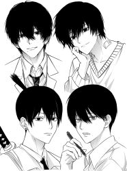  4boys chainsaw_man closed_mouth ear_piercing earrings greyscale hair_between_eyes hayakawa_aki highres hikaru_ga_shinda_natsu holding holding_pen jewelry kyojuur0 look-alike looking_at_viewer male_focus mole mole_on_cheek mole_under_mouth monochrome multiple_boys multiple_moles multiple_piercings nagumo_(sakamoto_days) neck_tattoo necktie parted_lips pen piercing sakamoto_days short_hair simple_background slit_pupils tattoo teeth topknot tsujinaka_yoshiki white_background yoshida_hirofumi 