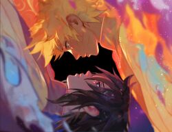  2boys black_hair blonde_hair closed_mouth collared_shirt commentary english_commentary eyelashes facial_mark grey_eyes hair_behind_ear highres lips madarabeliever male_focus medium_hair multiple_boys naruto_(series) naruto_shippuuden popped_collar profile robe shirt twitter_username uchiha_sasuke upper_body uzumaki_naruto whisker_markings 