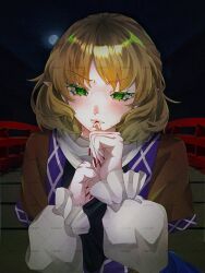  1girl arm_warmers biting biting_own_thumb black_shirt black_sky blonde_hair bridge brown_shirt closed_mouth commentary fingernails full_moon green_eyes highres looking_at_viewer mizuhashi_parsee moon night pointy_ears railing red_nails shirt short_hair short_sleeves sky solo touhou undershirt upper_body uron_(kuzirasa_n) v-shaped_eyebrows watermark watermark_grid 