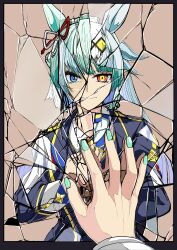  2girls absurdres animal_ears blue_eyes broken_mirror closed_mouth colored_inner_hair ear_ornament ear_ribbon eyebrows_hidden_by_hair female_pov fingernails fujimasa_march_(umamusume) green_hair green_nails hand_on_mirror hand_on_own_chest hands_up highres horse_ears jacket jose_(joseeidossei) light_smile long_hair long_sleeves looking_at_viewer mirror multicolored_eyes multicolored_hair multiple_girls nail_polish oguri_cap_(umamusume) parted_bangs pov pov_hands red_eyes reflection reflection_focus ribbon shirt short_hair simple_background straight-on two-tone_eyes umamusume umamusume:_cinderella_gray v-shaped_eyebrows white_hair yellow_eyes 
