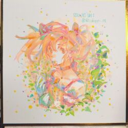  1girl absurdres bow bow_choker bubble chest_jewel chinese_text choker collarbone commentary dress eyelashes flower flower_in_mouth frilled_sleeves frills gem gloves hair_bow hands_on_own_chest highres kaname_madoka kaname_madoka_(magical_girl) leaf looking_at_viewer magical_girl mahou_shoujo_madoka_magica mahou_shoujo_madoka_magica_(anime) photo_(medium) pink_dress pink_eyes pink_gemstone pink_hair puffy_short_sleeves puffy_sleeves red_bow red_choker riko-m shikishi short_hair short_sleeves short_twintails solo square_neckline symbol-only_commentary traditional_media twintails twitter_username upper_body white_flower white_gloves white_sleeves 