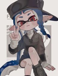  1girl :d absurdres black_boots black_hat black_hoodie boots border closed_mouth ear_piercing earrings eyebrow_cut fegrqzf grey_background hat highres hood hoodie inkling inkling_girl inkling_player_character jewelry long_hair looking_at_viewer outside_border piercing pointy_ears red_eyes sideways_hat sitting sleeves_past_wrists smile solo splatoon_(series) splatoon_3 sweater tentacle_hair v very_long_hair white_border white_sweater 