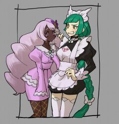  2girls apron ascot black_romper blush bow braid braided_ponytail brooch center_frills clenched_teeth dark-skinned_female dark_skin dress eye_contact fascinator fishnet_pantyhose fishnets frilled_ascot frills frown gloves green_hair hair_bow hair_ornament highres jacinthe_(pokemon) jewelry juliet_sleeves leaning_forward lebanne_(pokemon) long_braid long_hair long_sleeves looking_at_another low_drills ma2_ereki maid_apron maid_headdress master_and_servant multiple_girls pantyhose pencil_dress pokemon pokemon_legends:_z-a puffy_sleeves purple_dress purple_hair romper sharp_teeth single_braid sparkle sparkling_eyes sweatdrop teeth thigh-highs very_dark_skin very_long_hair violet_eyes white_bow white_gloves white_thighhighs 