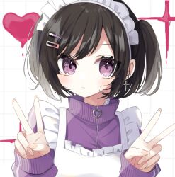  1girl apron commentary_request double_v frilled_apron frills grid_background hachimitsu_honey heart highres jacket jersey_maid long_sleeves maid maid_apron maid_headdress original puffy_long_sleeves puffy_sleeves sleeves_past_wrists solo track_jacket unconventional_maid upper_body v white_apron white_background 