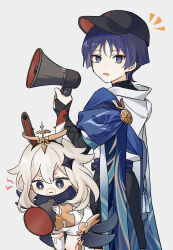  1boy 1girl alternate_headwear animal_ear_hairband animal_ears armor belt black_belt black_bodysuit black_bridal_gauntlets black_eyes black_hat black_scarf black_shorts blue_cape blue_sleeves blunt_ends bodysuit bridal_gauntlets bright_pupils cape clenched_hand closed_mouth diamond_hair_ornament eyelashes eyeliner eyeshadow fake_animal_ears furisode genshin_impact gold_halo gold_ring hairband halo hand_up hat highres holding holding_megaphone japanese_armor japanese_clothes kimono kote kurokote layered_sleeves long_sleeves looking_at_object looking_at_viewer makeup mechanical_halo megaphone middle_ring notice_lines open_mouth paimon_(genshin_impact) peaked_cap purple_hair purple_sash rabbit_ears red_eyeliner red_eyeshadow red_hat romper sash scaramouche_(genshin_impact) scarf short_hair short_hair_with_long_locks short_sleeves shorts sidelocks single_thighhigh tassel thigh-highs turtleneck turtleneck_bodysuit two-sided_fabric two-sided_headwear violet_eyes wamin wanderer_(genshin_impact) white_background white_hair white_kimono white_pupils white_romper white_sleeves white_thighhighs white_trim wispy_bangs 