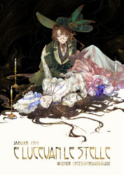  2girls brown_eyes brown_hair candle candlestand commentary dress eyewear_strap glasses gloves green_hat hair_spread_out hat hat_feather highres iroiise isolde_(reverse:1999) kakania_(reverse:1999) looking_at_another lying multiple_girls neck_ribbon on_back picture_hat red_ribbon reverse:1999 ribbon round_eyewear semi-rimless_eyewear timestamp under-rim_eyewear wavy_hair white_gloves white_hat wide_brim 