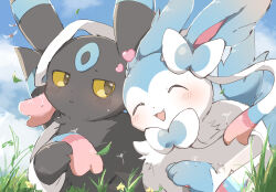 alternate_color animal_focus blue_sky blush chiko_(chi_p_71) colored_sclera dandelion_seed fang heart highres no_humans open_mouth outdoors parted_lips pokemon pokemon_(creature) shiny_pokemon sky sylveon umbreon wingull yellow_sclera
