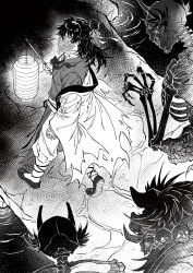  1boy absurdres animal bandaged_chest bandaged_hand bandaged_neck bandages black_nails chinese_clothes coat coin coin_mask creature dao_gui_yi_xian from_above full_body greyscale hair_bun hair_ribbon half_updo hanfu highres holding holding_lantern holed_coin horns jewelry lantern leg_wrap li_huowang li_sui_(tentacles) long_hair long_sleeves looking_at_viewer looking_back male_focus mask monochrome monster mouth_veil nail_polish necklace off_shoulder omigawakurotai open_clothes open_coat pants paper_lantern profile ribbon ripples robe sash shoes single_hair_bun skeleton skull skull_necklace solo_focus standing tentacles tentacles_under_clothes torn_clothes veil walking water wide_sleeves 