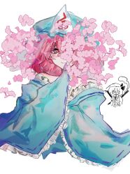  aqua_hat aqua_kimono bare_shoulders blush cherry_blossoms commentary cropped_torso frilled_hat frilled_sleeves frills hat highres illtenji japanese_clothes kimono konpaku_youmu konpaku_youmu_(ghost) long_sleeves looking_at_viewer mob_cap one_eye_covered partially_colored pink_eyes pink_hair saigyouji_yuyuko simple_background smile touhou triangular_headpiece upper_body white_background wide_sleeves 