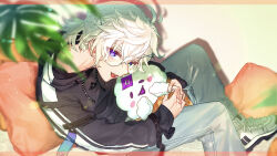  1boy absurdres bespectacled black_hoodie blurry blurry_foreground border character_doll commentary_request doll foot_out_of_frame glasses green_eyes grey_pants heterochromia highres holding holding_stuffed_toy hood hoodie indoors long_sleeves male_focus matochi_(fa) murakumo_kagetsu murakumo_kagetsu_(2nd_costume) nijisanji pants pillow plant shadow shoes short_hair sitting sneakers solo stuffed_toy violet_eyes virtual_youtuber watakumo_(murakumo_kagetsu) white_hair white_shoes 