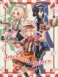  1girl 2boys :d alternate_costume apron black_eyes black_hair blonde_hair bow brown_eyes burger character-themed_food cherry cup drinking_straw english_text facial_mark food french_fries fruit gamabunta_(naruto) gamakichi_(naruto) hair_between_eyes hair_bow highres holding holding_tray ice_cream ice_cream_float jiraiya_(naruto) katsuyu_(naruto) long_bangs long_hair looking_at_viewer manda_(naruto) multiple_boys naruto_(series) necktie orochimaru_(naruto) pale_skin pancake pancake_stack ponytail shirt short_hair short_sleeves siokosyousio smile star_(symbol) striped_clothes striped_necktie striped_shirt teeth tray tsunade_(naruto) visor_cap waiter waitress white_bow white_hair yellow_eyes 