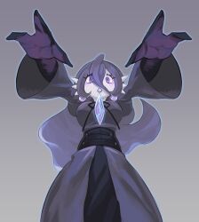  1girl @_@ absurdres arms_up bags_under_eyes black_ribbon blue_outline breasts colored_skin commission dress earrings fewer_digits from_below fusion gardevoir grey_background hair_between_eyes hex_maniac_(pokemon) hex_maniac_(pokemon_legends:_z-a) highres jewelry juliet_sleeves lipstick long_dress long_hair long_sleeves looking_at_viewer makeup medium_breasts multicolored_skin neck_ribbon outline outstretched_arms parted_lips pokemon pokemon_(creature) pokemon_legends:_z-a puffy_sleeves purple_dress purple_hair purple_lips purple_skin ribbon sash sidelocks simple_background solo spread_fingers standing straight-on telosturntable two-tone_skin violet_eyes white_skin wide-eyed wide_sleeves 