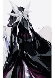  1girl bare_shoulders black_hair co6_3g columbina_(genshin_impact) dress feathered_wings from_behind genshin_impact head_wings highres long_hair white_background white_dress wings 