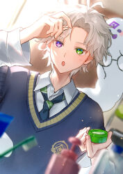  1boy :o absurdres adjusting_hair adversarial_noise black_necktie black_vest blurry blurry_foreground collared_shirt commentary_request diagonal-striped_clothes diagonal-striped_necktie green_eyes green_necktie highres holding holding_removed_eyewear looking_at_viewer male_focus matochi_(fa) messy_hair murakumo_kagetsu murakumo_kagetsu_(3rd_costume) necktie nijisanji parted_bangs shirt short_hair solo squeeze_bottle striped_clothes toothbrush unworn_eyewear upper_body vest violet_eyes virtual_youtuber watakumo_(murakumo_kagetsu) white_hair 