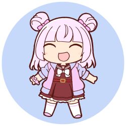  1girl :d ^_^ assault_lily belt belt_buckle blue_background blunt_bangs bow bowtie brown_sailor_collar buckle chibi closed_eyes commentary double_bun facing_viewer frilled_skirt frills full_body hair_bow hair_bun hands_up jacket kanba_girls_high_school_uniform light_blush long_hair lowres masaki_itsuki open_clothes open_jacket open_mouth outstretched_arms pink_bow pink_hair pink_scrunchie pink_shoes red_belt red_shirt red_skirt round_image sailor_collar school_uniform scrunchie serafuku shirt shoes simple_background skirt sleeves_pushed_up smile solo standing tamba_akari thigh-highs transparent_background white_bow white_bowtie white_thighhighs wrist_scrunchie 