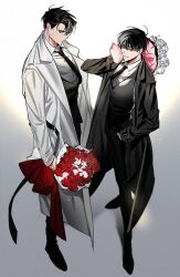  2boys black_coat black_eyes black_hair black_necktie black_vest bouquet coat collared_shirt flower full_body hair_between_eyes hand_in_pocket hand_up highres hinizana holding holding_bouquet kim_dokja looking_at_viewer male_focus multiple_boys necktie omniscient_reader&#039;s_viewpoint open_clothes open_coat red_flower red_rose rose shirt short_hair vest white_flower white_rose white_shirt yoo_joonghyuk 