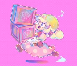  1girl belt blonde_hair blush brown_belt brown_shoes carrying commentary crate dress elbow_gloves english_commentary eyelashes full_body gloves hair_ornament hard_hat heart helmet highres long_hair musical_note nat0rii new_super_mario_bros._u_deluxe open_mouth peachette pink_background pink_dress puffy_short_sleeves puffy_sleeves running shoes short_sleeves smile solo super_mario_bros. super_mario_maker_2 teeth upper_teeth_only violet_eyes white_gloves yellow_helmet 