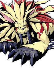  claws closed_eyes digimon digimon_(creature) fangs highres lion mitosupa_(qsiqydfz7nesh9w) no_humans saberleomon simple_background solo white_background yellow_fur 