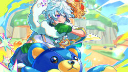  >_< 1boy :q absurdres animal_on_head bead_necklace beads blue_sky cart chromatic_aberration clenched_hand clouds commentary_request crown earrings fire fur_collar gloves green_eyes green_gloves hanafuda_earrings heterochromia highres japanese_clothes jewelry kariginu long_sleeves magatama male_focus matochi_(fa) mountain murakumo_kagetsu murakumo_kagetsu_(1st_costume) necklace nijisanji on_head outdoors racing riding road rock shirt short_hair sky tongue tongue_out tree violet_eyes virtual_youtuber watakumo_(murakumo_kagetsu) white_hair white_shirt wide_sleeves 