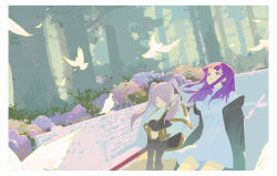  2girls aash4i absurdres bird black_coat black_pantyhose blunt_bangs boots brown_boots capelet chinese_commentary closed_eyes closed_mouth coat commentary_request day dress dutch_angle elf fern_(sousou_no_frieren) forest frieren grey_hair highres hugging_own_legs long_hair long_sleeves looking_up multiple_girls nature no_earrings open_clothes open_coat outdoors pantyhose parted_bangs parted_lips pointy_ears purple_hair shirt sidelocks sitting skirt slice_of_life sousou_no_frieren too_many_flowers twintails violet_eyes white_bird white_capelet white_dress white_shirt white_skirt 