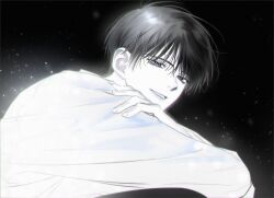  1boy :d black_hair collared_shirt curled_up glowing half-closed_eyes hand_on_own_shoulder hinizana kim_dokja knees_up light_particles looking_at_viewer male_focus muted_color omniscient_reader&#039;s_viewpoint parted_lips shirt short_hair smile solo white_shirt 