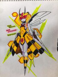  abdomen_tail abz_designs antennae arthropod_girl bee bee_girl beedrill black_dress bob_cut bug character_name colored_skin compound_eyes dress english_text expressionless forehead_jewel fusion gardevoir gem highres honeycomb_(pattern) honeycomb_background insect_wings marker_(medium) mega_beedrill mega_gardevoir mega_pokemon no_hands no_humans pen_(medium) pokemon pokemon_(creature) red_eyes red_gemstone showgirl_skirt sketchbook spiked_feet stinger strapless strapless_dress traditional_media two-tone_dress vespiquen white_skin wings yellow_dress 