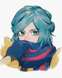  1boy androgynous aqua_eyes aqua_hair blue_mittens blue_scarf covered_mouth grusha_(pokemon) hand_up highres itou_(very_ito) jacket long_sleeves looking_at_viewer male_focus mittens pink_scarf pokemon pokemon_sv portrait scarf scarf_over_mouth solo two-tone_scarf white_background yellow_jacket 