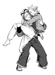  1boy 1girl ahoge barefoot closed_eyes commentary_request greyscale harmony_(pokemon) hat highres jacket long_sleeves mega_ring monochrome open_clothes open_jacket pants pocket pokemon pokemon_legends:_z-a reverse_princess_carry shoes short_hair simple_background sneakers sweat sweatdrop urbain_(pokemon) zizi_(azusako3) 