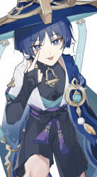  1boy :p absurdres akanbe anemo_symbol_(genshin_impact) armor black_bow black_hair black_shorts blue_cape blue_eyes blue_gemstone blue_hat blue_kimono blue_sleeves blunt_ends bow bridal_gauntlets bright_pupils cape cowboy_shot eyelid_pull eyeliner eyeshadow feathers finger_to_eye fingernails furisode gem genshin_impact gold gold_ring hakama hakama_shorts hat highres index_finger_raised japanese_armor japanese_clothes jingasa juban kimono kote kurokote layered_sleeves makeup male_focus middle_ring open_clothes open_kimono pleated_shorts pom_pom_(clothes) purple_rope purple_sash red_eyeliner red_eyeshadow ringed_eyes rope sash scaramouche_(genshin_impact) short_sleeves shorts solo tassel tongue tongue_out tsurime wamin wanderer_(genshin_impact) white_background white_kimono white_pupils white_sleeves white_trim wispy_bangs yellow_feathers 