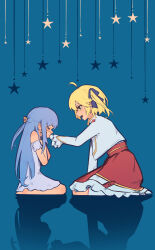  2girls absurdres aged_down ahoge anisphia_wynn_palettia barefoot blonde_hair blue_background blue_dress blue_hair blue_ribbon closed_eyes crying dress euphyllia_magenta green_eyes hair_ribbon highres jacket long_hair long_sleeves multiple_girls open_mouth red_skirt ribbon rnna seiza short_hair sitting skirt smile star_(symbol) tears tensei_oujo_to_tensai_reijou_no_mahou_kakumei wariza white_dress white_jacket yuri 