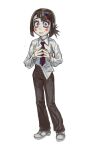  1girl black_hair blue_eyes brown_pants chainsaw_man full_body higashiyama_kobeni highres long_sleeves looking_at_viewer mole mossacannibalis multicolored_eyes necktie pants pomni_(the_amazing_digital_circus) red_eyes shirt shoes short_hair solo steepled_fingers the_amazing_digital_circus white_background white_footwear white_shirt 